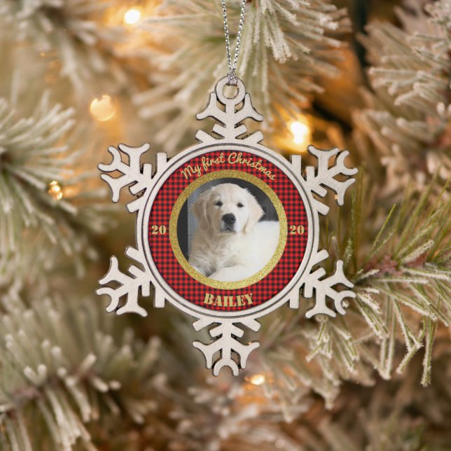 Personalised Puppy's First Christmas Photo Snowflake Pewter Christmas Ornament (Tree)