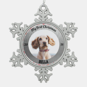Personalised Puppy's First Christmas Photo Snowflake Pewter Christmas Ornament