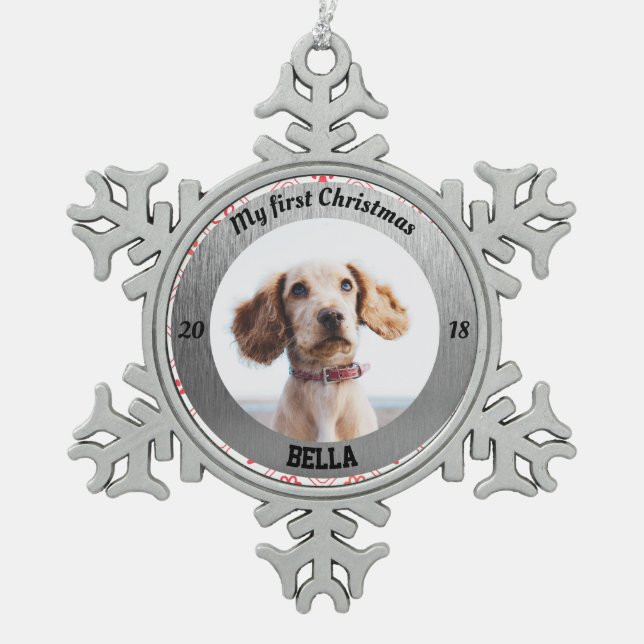 Personalised Puppy's First Christmas Photo Snowflake Pewter Christmas Ornament (Front)