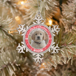 Personalised Puppy's First Christmas Photo  Snowflake Pewter Christmas Ornament