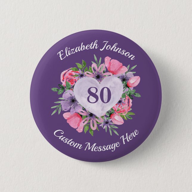 Personalised Purple 80th Birthday Button (Front)