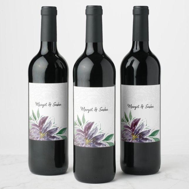 Personalised Purple Abstract Lotus Watercolor Lace Wine Label (Bottles)