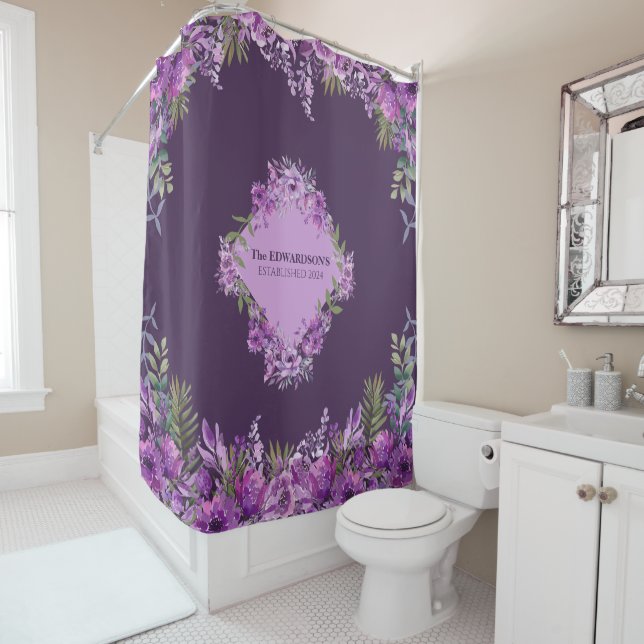 Personalised Purple and Aubergine Floral  Shower Curtain (In Situ)