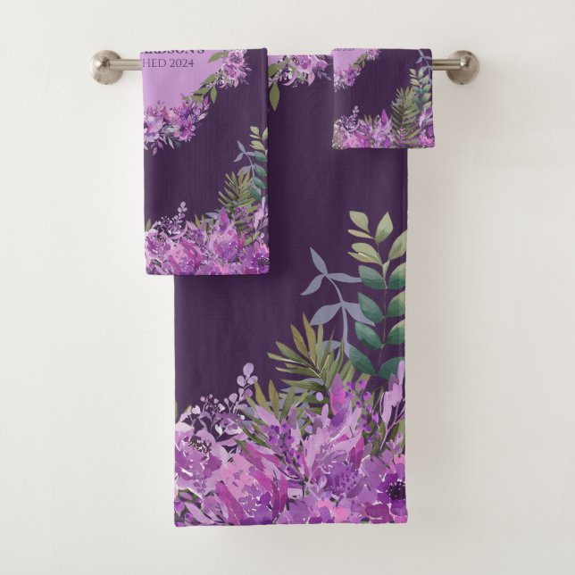 Personalised Purple and Aubergine Floral Towel Set (Insitu)