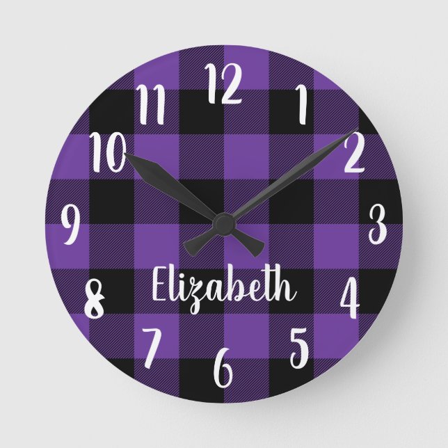 Personalised Purple and Black Buffalo Plaid Round Clock (Front)