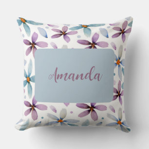 Personalised Purple and Blue Floral Throw Pillow