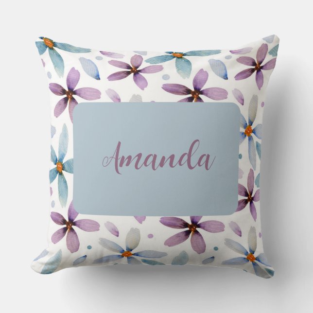 Personalised Purple and Blue Floral Throw Pillow (Front)