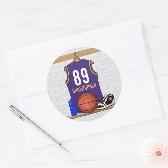 Personalised Purple and Gold Basketball Jersey Classic Round Sticker (Envelope)