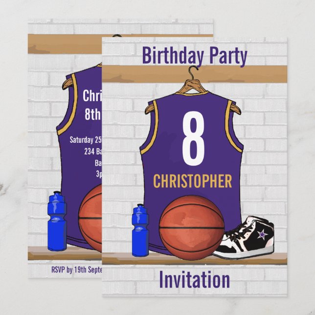 Personalised Purple and Gold Basketball Jersey Invitation (Front/Back)