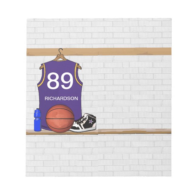 Personalised Purple and Gold Basketball Jersey Notepad (Front)