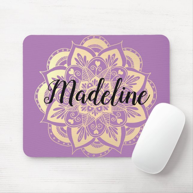 Personalised Purple and Gold Mandala Flower Mouse Mat (With Mouse)
