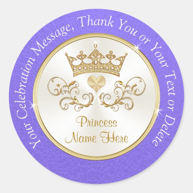 Personalised Purple and Gold Princess Stickers (Front)