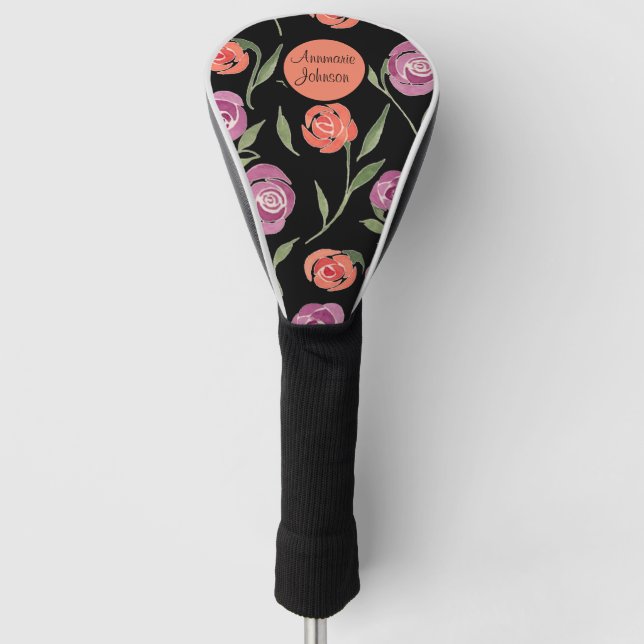 Personalised Purple and Peach Floral Ladies Golf Head Cover (Front)