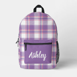 Personalised Purple and White Plaid Printed Backpack