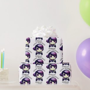 Personalised Purple Anime Gamer Girl Birthday Wrapping Paper