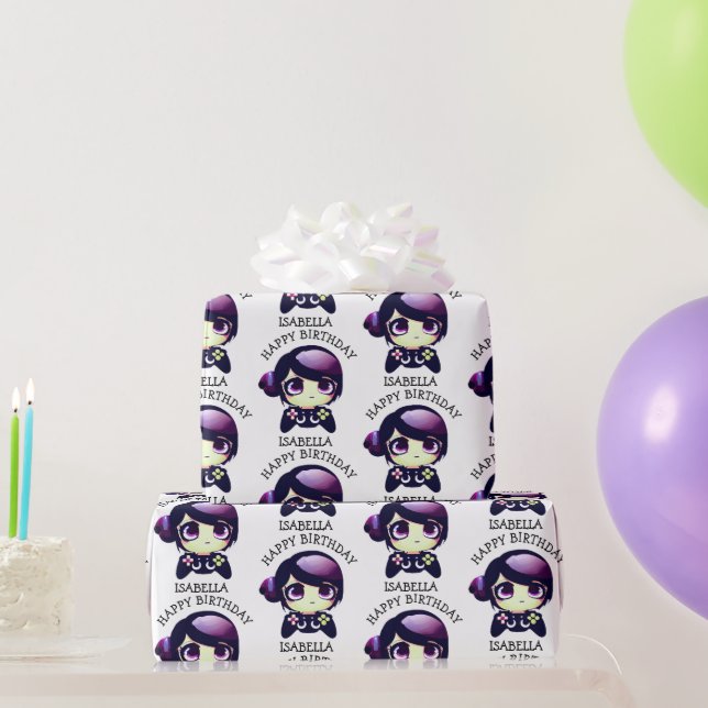 Personalised Purple Anime Gamer Girl Birthday Wrapping Paper (Party Gifts)