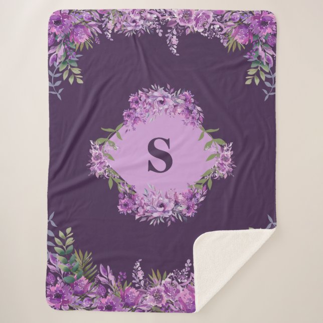 Personalised Purple Aubergine Floral  Sherpa Blanket (Front)