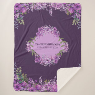 Personalised Purple Aubergine Floral  Sherpa Blanket