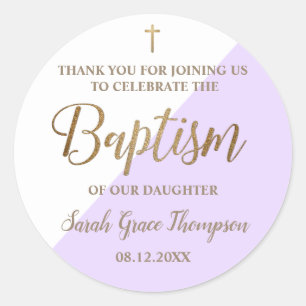 Personalised Purple Baby girl baptism thank you Classic Round Sticker