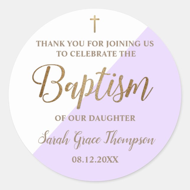 Personalised Purple Baby girl baptism thank you Classic Round Sticker (Front)