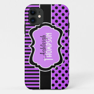 Personalised Purple, Black Striped Polka Dots iPhone 11 Case