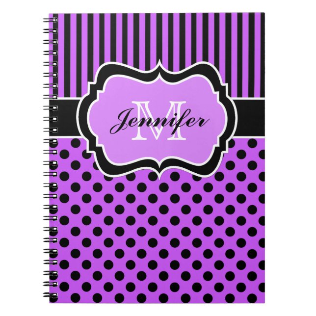 Personalised Purple Black White Striped Polka Dots Notebook (Front)