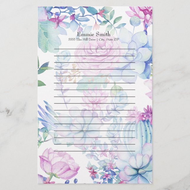 Personalised Purple Blue Cactus and Floral White Stationery (Front)