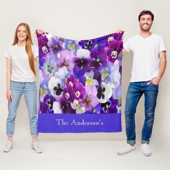 Personalised Purple Blue White Floral Pansy Flower Fleece Blanket (In Situ)