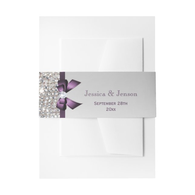 Personalised Purple Bow and Diamonds Wedding Invitation Belly Band (Front Example)