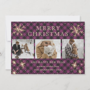 Personalised Purple Buffalo Plaid 3 Photo Holiday Card