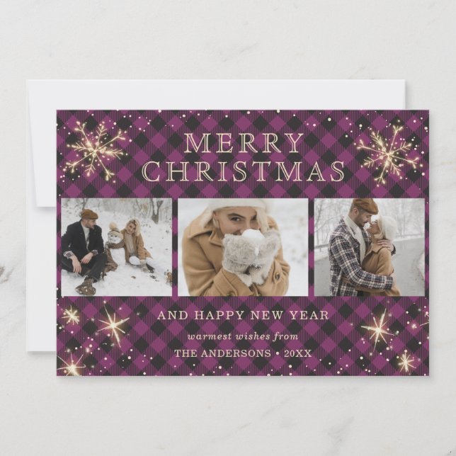 Personalised Purple Buffalo Plaid 3 Photo Holiday Card (Front)