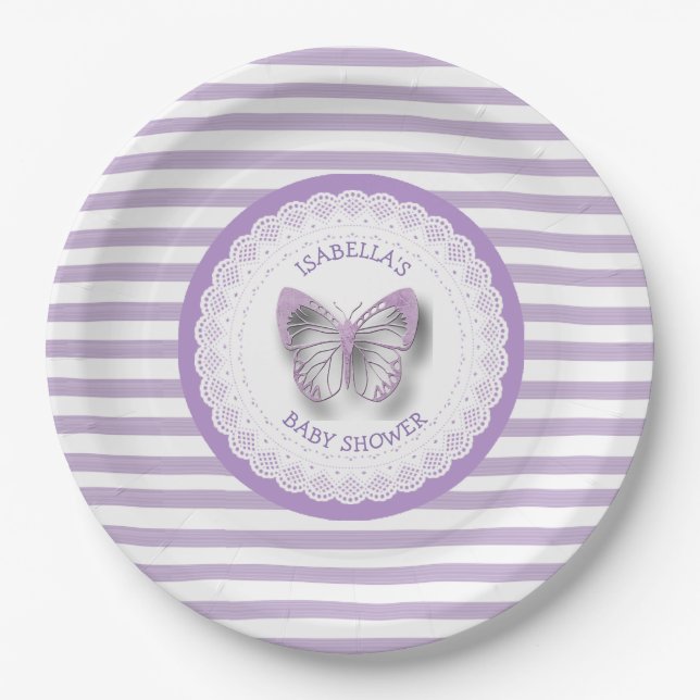 Personalised Purple Butterfly Baby Shower Plates (Front)