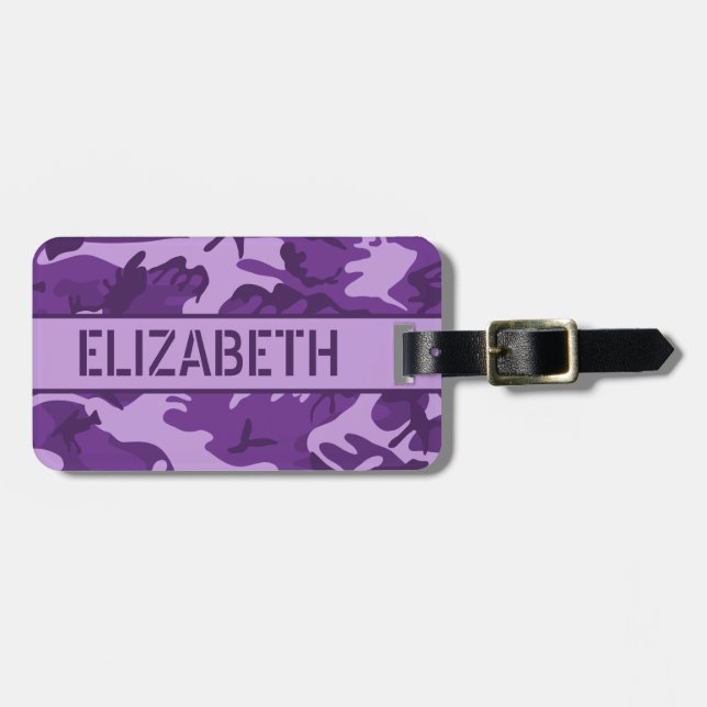 Personalised Purple Camo Luggage Tag (Front Horizontal)