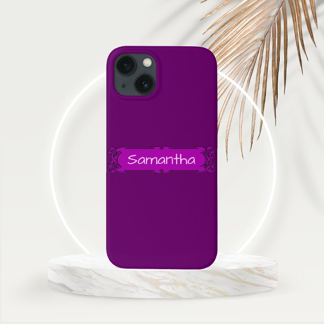 Personalised Purple Centre Banner  Case-Mate iPhone Case (Personalized Purple Banner Phone Case  with Gold Frond Mockup)