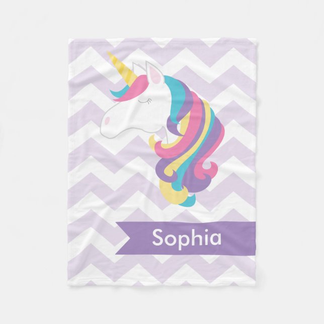 Personalised Purple Chevron Unicorn Fleece Blanket (Front)