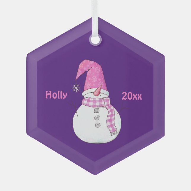 Personalised Purple Decorated Snowman Name Year  Glass Tree Decoration (Front)