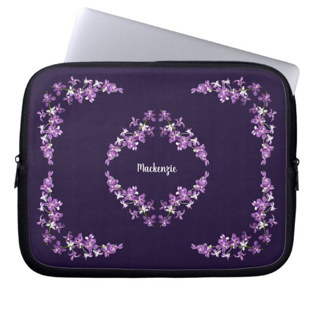 Personalised Purple Dendrobium Orchids Motif Laptop Sleeve (Front)