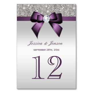 Personalised Purple Faux Bow Silver Sequins Table Number