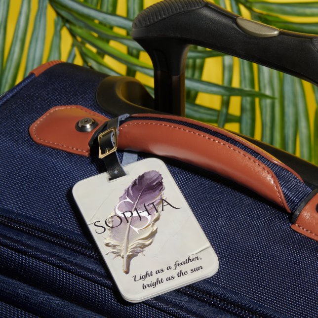 Personalised Purple Feather Custom Name Monogram Luggage Tag (Front Insitu 1)
