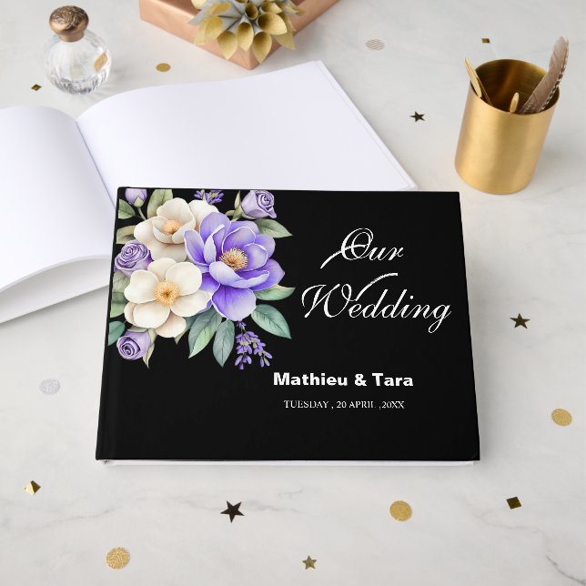 Personalised Purple Floral Bouquet Wedding Guest Book (Front Open)