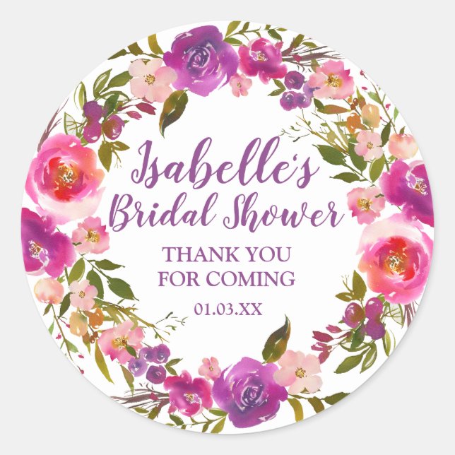 Personalised Purple Floral Bridal Shower Favour Classic Round Sticker (Front)