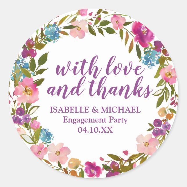 Personalised Purple Floral Engagement Party Classic Round Sticker (Front)