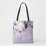 Personalised purple floral mother of the bride tote bag<br><div class="desc">Watercolor botanical floral and greenery in soft blush,  peach and purple,  with customisable "mother of the bride" script and custom name on the back,  elegant and romantic,   great personalised gifts for mother of the bride.</div>