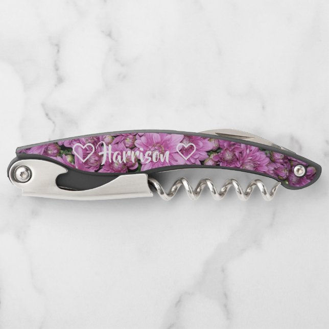 Personalised Purple Floral Newlywed Cork Screw Corkscrew (Front)