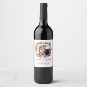 Personalised Purple Floral Photo Wedding Wine Label