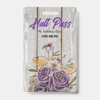 Personalised Purple Floral Rustic Teacher Pass ID Badge