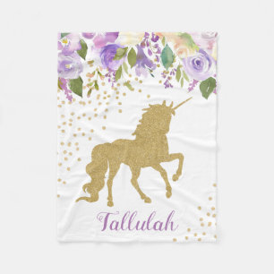 Personalised Purple Floral Unicorn Fleece Blanket
