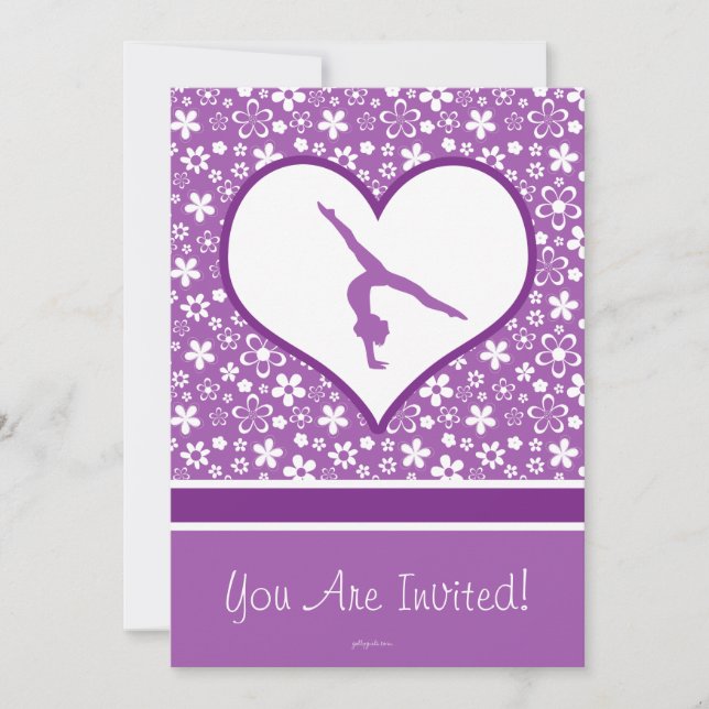 Personalised Purple Flowers Pattern Gymnastics Invitation (Front)