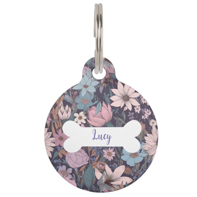 Personalised Purple Flowers Pattern Round Pet Tag (Front)