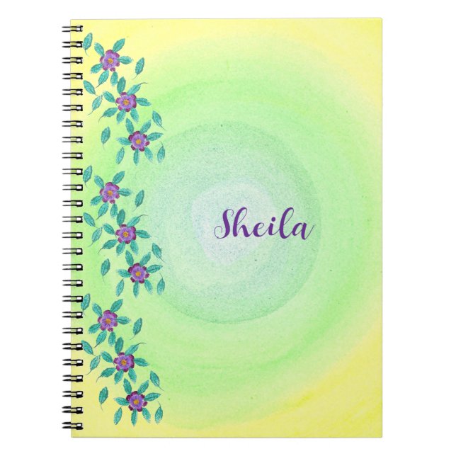 Personalised, Purple Flowers Yellow Green Notebook (Front)